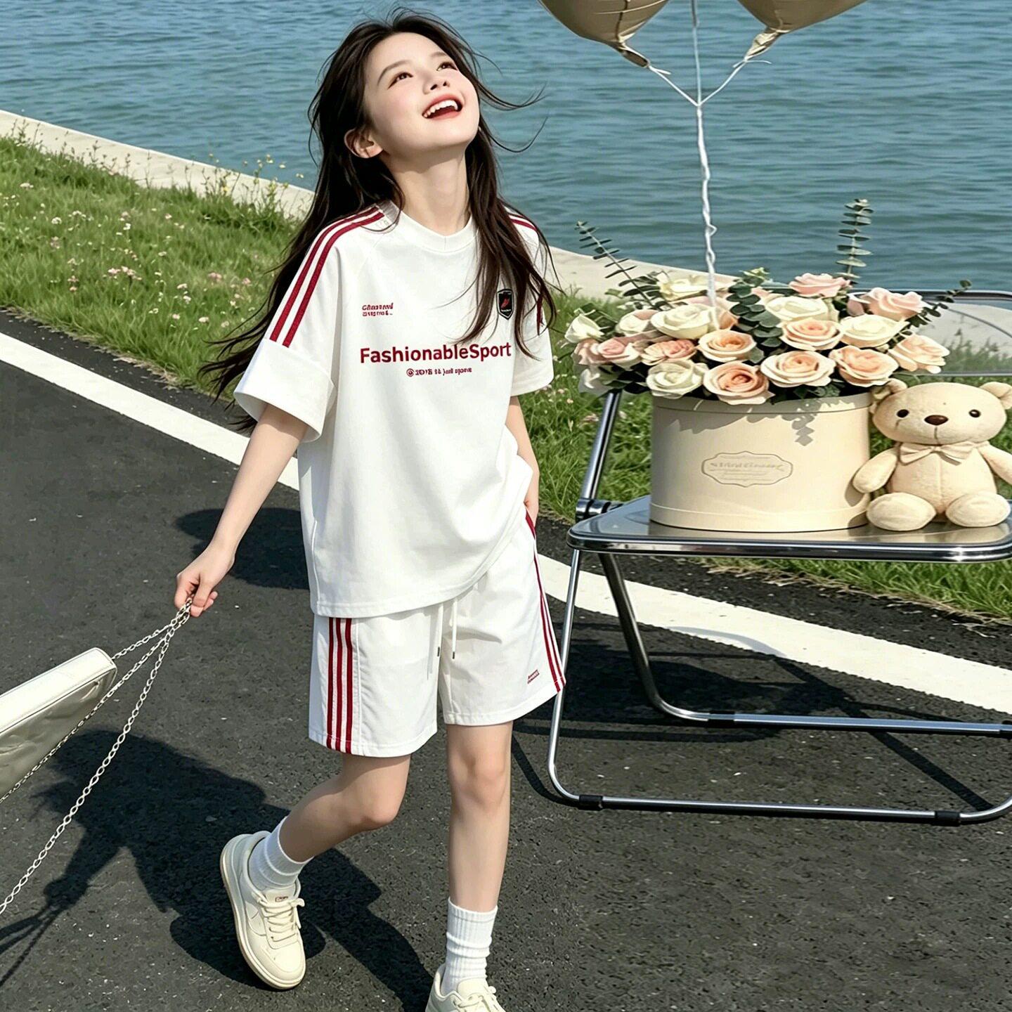 Girls Korean Style Striped Casual Shorts and Top Set 140 cm