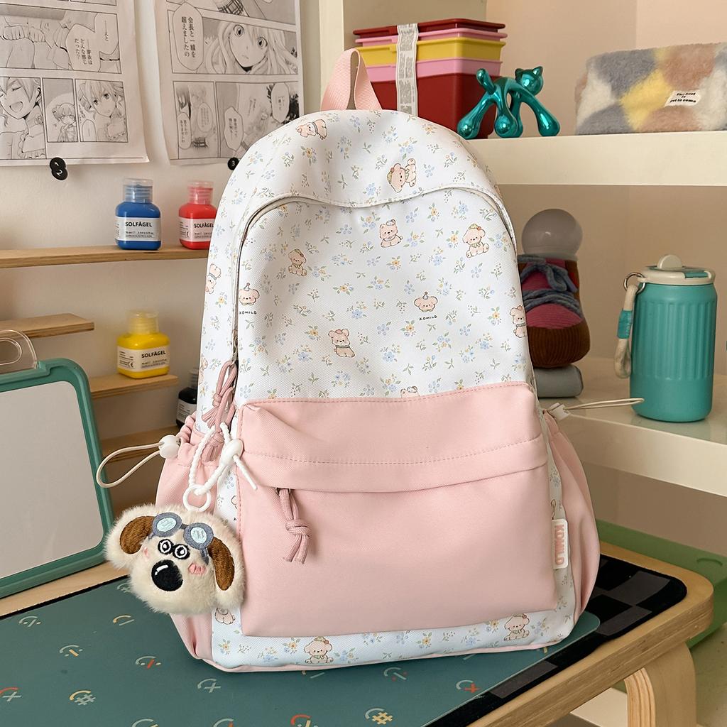 Schoolbag milky white fresh floral cute bear patchwork student backpack for students and healing style gentle bestie travel mini backpack