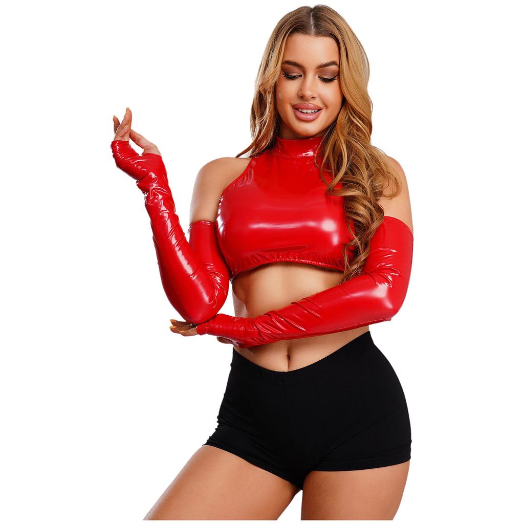 Damen Glänzendes PU Cropped Top Cold Shoulder Langarm Ausgeschnitten Rollkragen Pullover