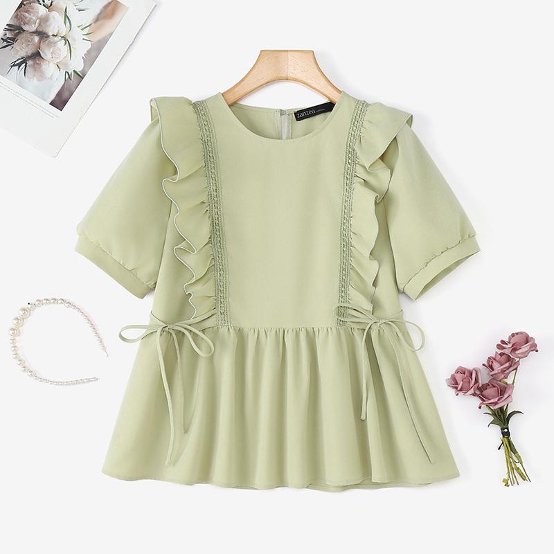 

ZANZEA Женская повседневная блузка с круглым вырезом, летняя, с коротким рукавом, с оборками, комбинированная