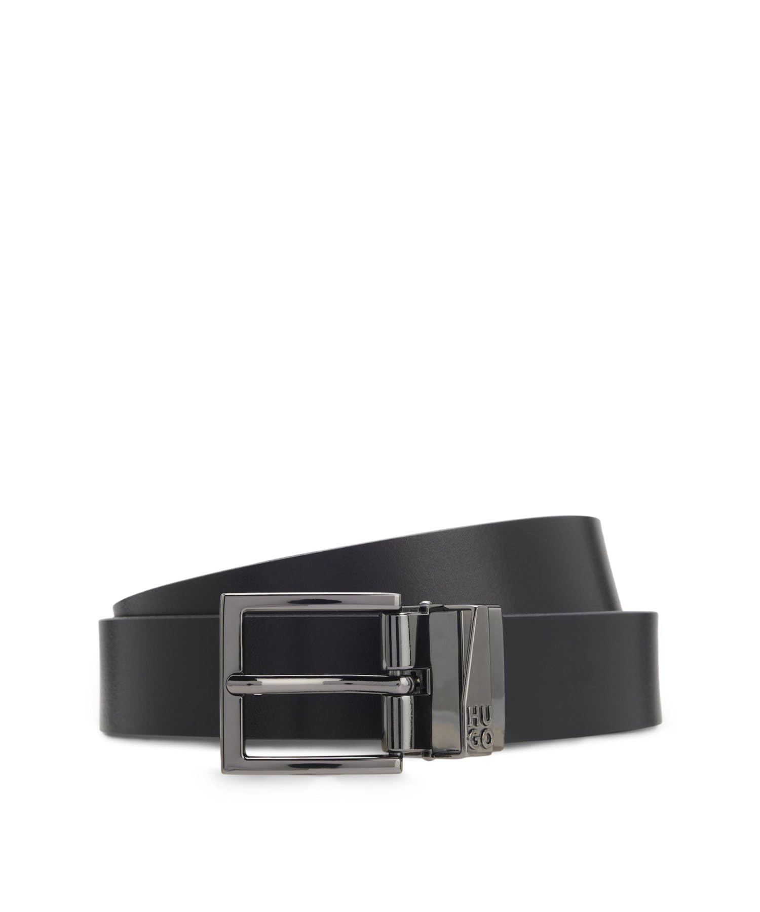[HUGO] Reversible Belt, Italian Leather, Interchangeable Buckle, Men s, ONE SIZE, Black