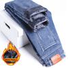 Winter Fleece Jeans Men's Fashion Elastic Slim Straight Warm Trousers Thicken Business Casual Korean Thermal Denim Pants