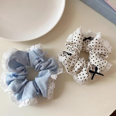 Hair Tie Dot Print Lace Splicing Bowknot Decor Hair Band High Elasticity Soft Fabric Ponytail Holder Hair Accessory
