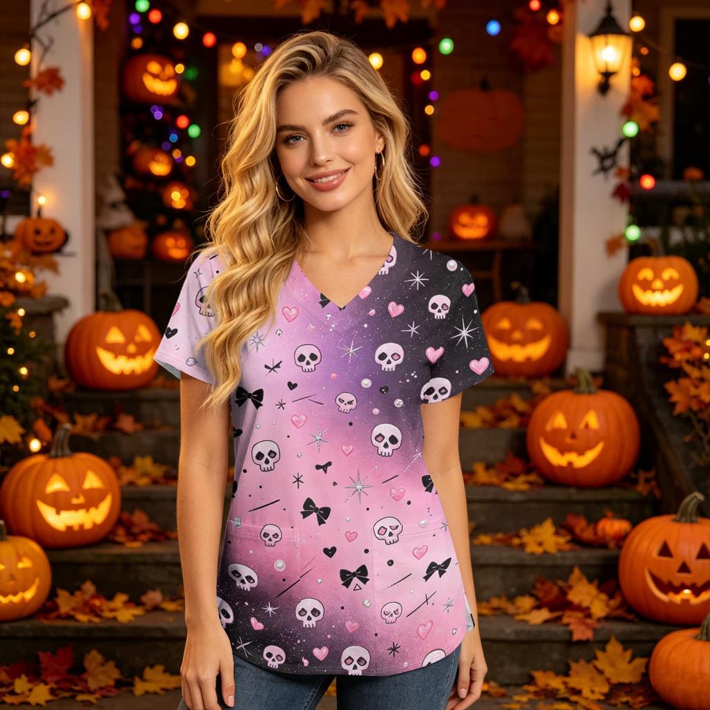 Women's V-Neck Short Sleeve Scrub Top with Pockets Halloween Print Caregiver Uniform