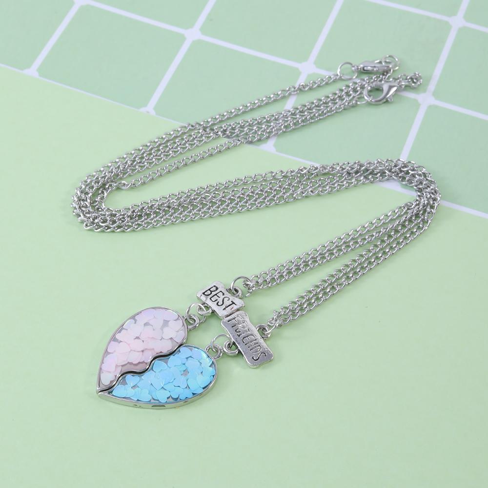 2 Pcs Best Friends Charm Necklace Set Blue And Pink Half Heart Matching Pendant Choker For Girls Friendship Memorial BFF Gift