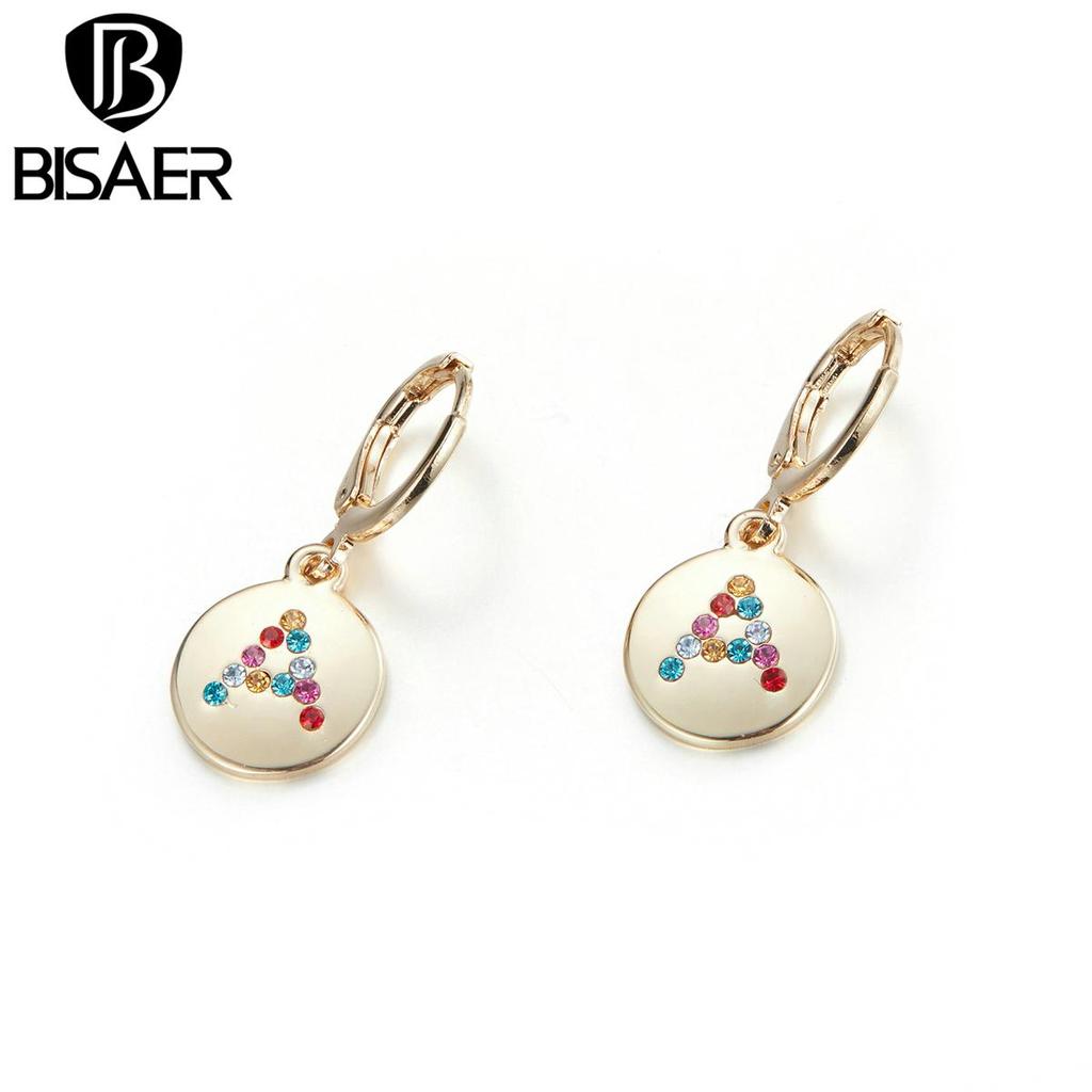 Bisaer Bright Colorful Rhinestones Alphabet A Round Shape Stud Earrings for Women Simple Jewelry