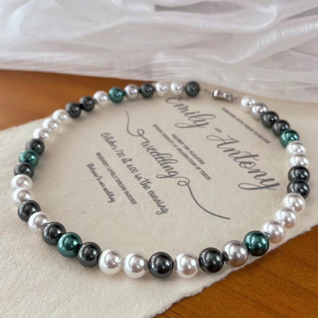 Vintage 10Mm Cold White Imitation Australian White Tahitian Malachite Green 616 Platinum Grey Shijia Pearl Necklace Women
