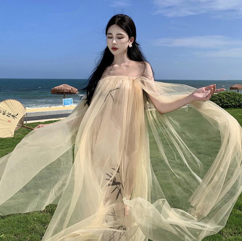 New Chinese morning robe one-word shoulder simple dress women's ink painting national style retro tube top long dress