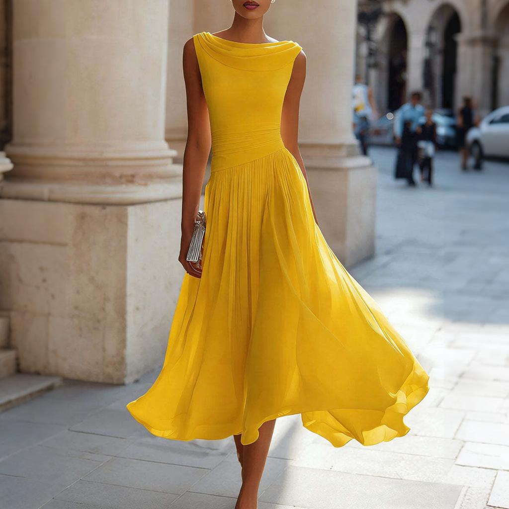 Women’s Sleeveless Cowl Neck Midi Dress Elegant Solid Design Flowy A-Line Suitable for Vacation and Daily Wear