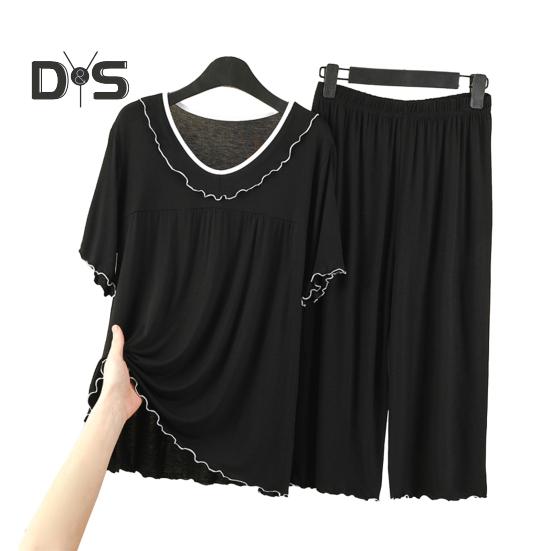 

Женский комплект из двух частей пижамы с круглым вырезом и короткими рукавами, подходящие к нему широкие брюки, комплект одежды для сна, летняя повседневная домашняя одежда XXL чёрный