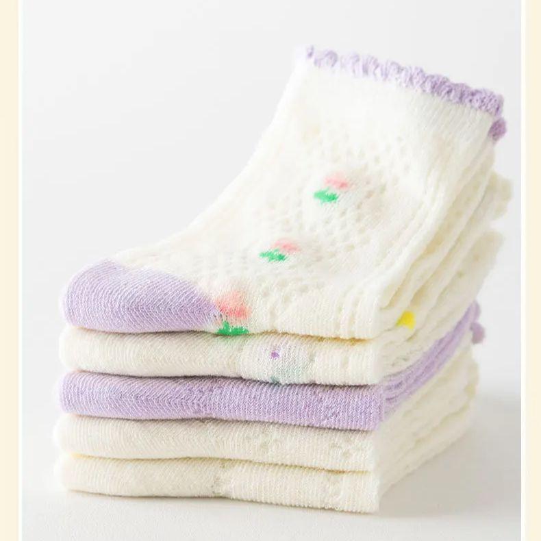 5 Pairs Girls Summer Mesh Cotton Socks Thin Breathable Crew Socks For Baby Toddler Kids Age 1-12T Solid