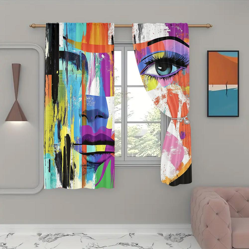 2Pcs Abstract Curtains Woman Face Art Composition Paint Strokes And Splashes Eye Red Lips Pattern Window Drapes Ai2