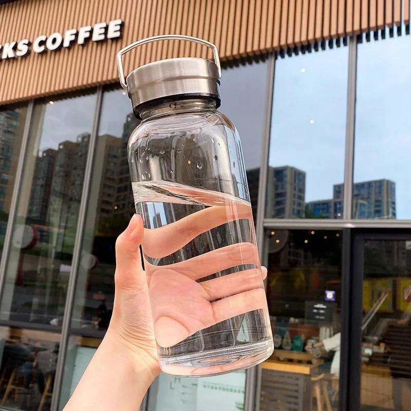 1000ml Glaswasserflasche Große Kapazität Mit Zeitmarkierung Deckel Für Wasser Trinken Outdoor Tragbar transparent Milchsaftbecher