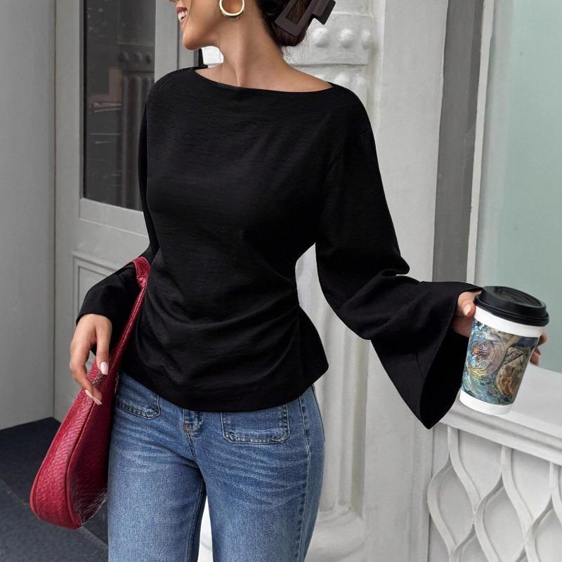 New Color-block Trendy Casual Versatile Fitted Boat-neck Personalized Street-style Wide-sleeved Top T-shirt