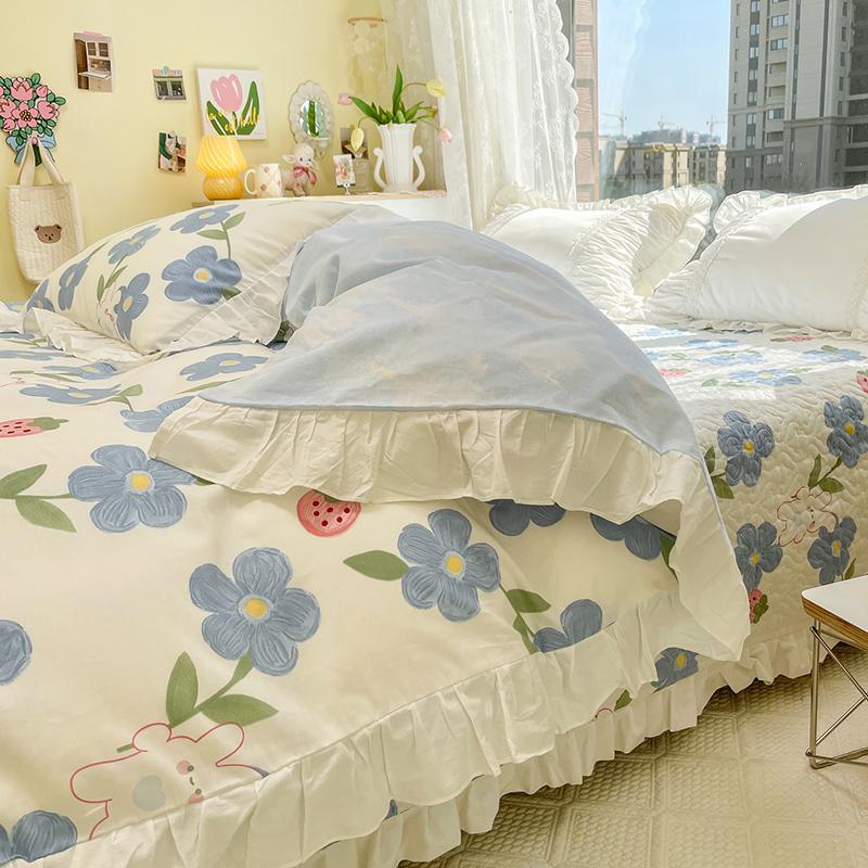 Botanical Floral and Cartoon Rabbit Duvet Cover 3pcs Kawaii Pink Bedding Set For Girl Teen 100% Cotton Farmhouse Comforter Cover
