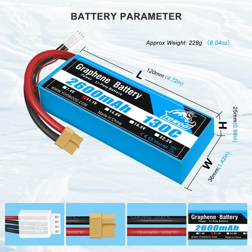 Pachet Lipo Yowoo 2 buc 3S 2600mAh 130C 11.1V Graphene LiPo cu mufă XT60 pentru Quadcopter RC, Avion, Mașină, Camion, Barcă, Hobby (4.72 x 1.41 x 0.98