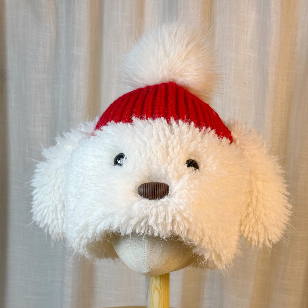 Cute Funny Puppy Plush Hat for Women in Winter Plus Velvet To Keep Warm and Sweet Knitted Ear Protection Hat Showing Face Small Woolen Hat
