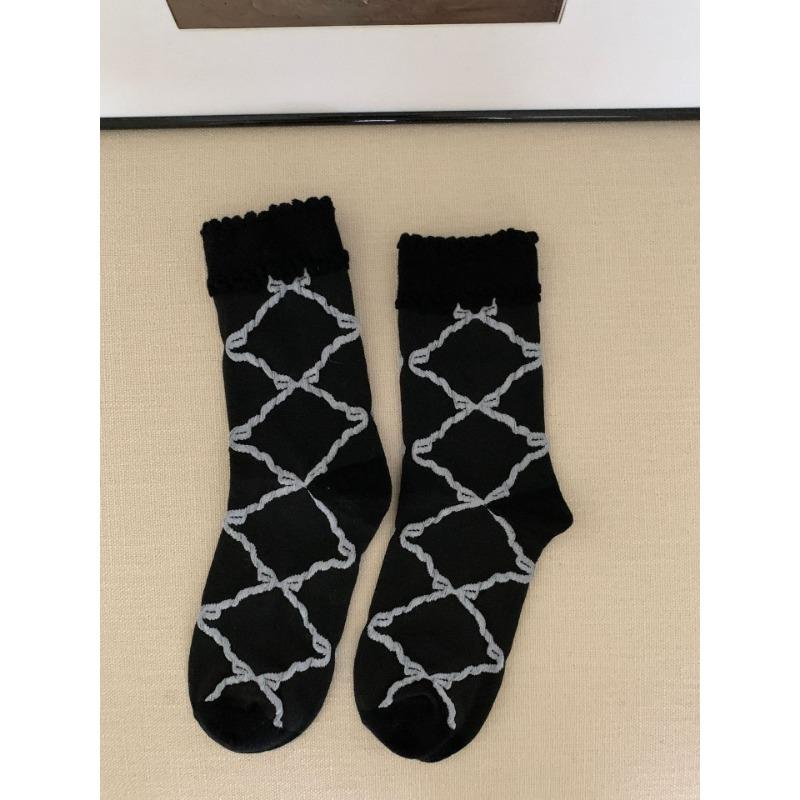 

Bow Diamond-shaped Mid-calf Socks, Sweet Lace Socks, Women s Autumn and Winter High Appearance Level Pile Socks 1 pair чорний