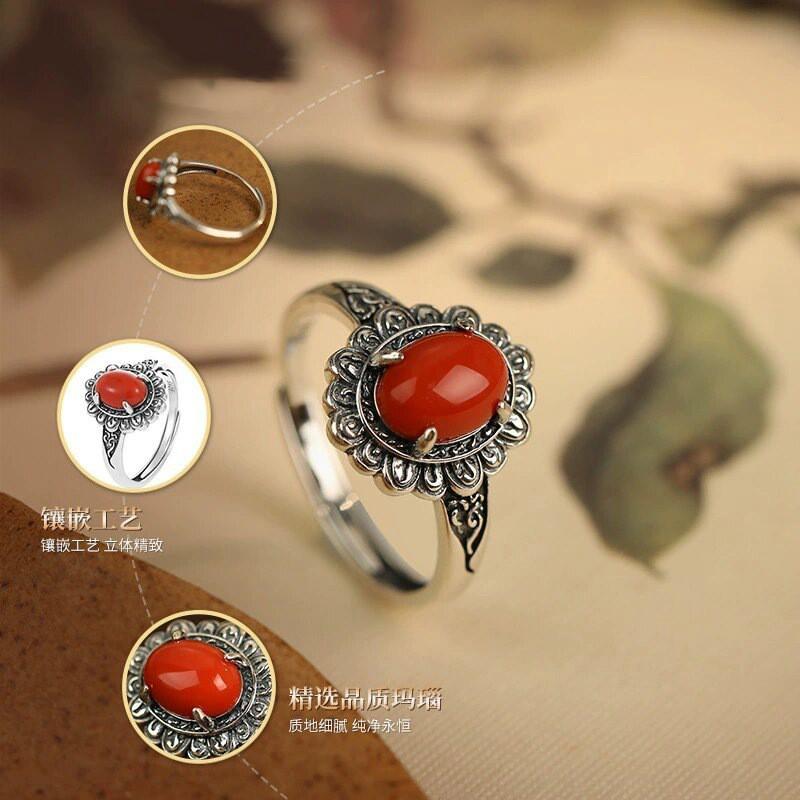 Adjustable Open Ring Women Men Copper Floral Daisy Design Natural Red Agate Boho Vintage Style Jewelry