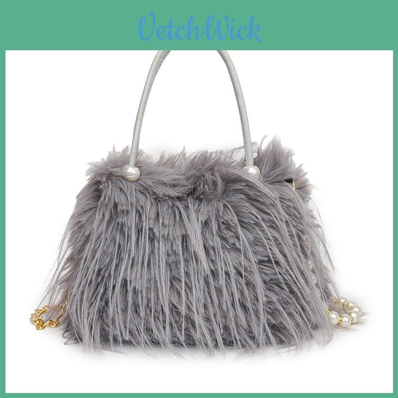 Solid Color Plush Handbag With Zipper And Chain For Women