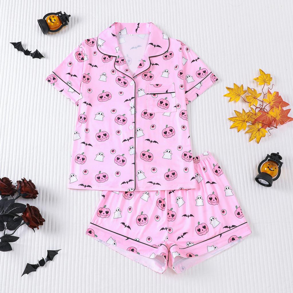 Ladies Pajamas Halloween Printed Lapel Short Sleeve Shorts Loungewear Set