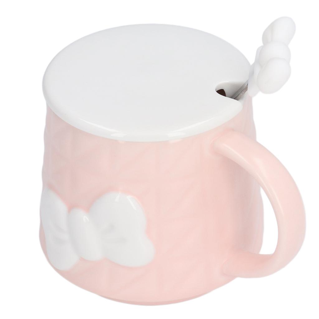 400ml Cute Bowknot Ceramic Tea Milk Water Cup Coffee Mug with Lid Stainless Steel Spoon for Home Holiday Gifts