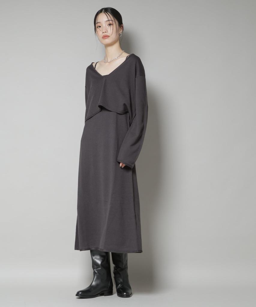 Nano Universe Knit Camisole Dress and Cropped Knit F Women's V-Neck Set, 023, Charcoal, 673-5219306