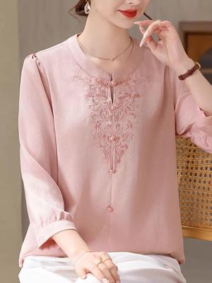 Mom's Spring Style: New 2026 Chinese-Inspired Blouse for Middle-Aged & Elderly Women - Round Neck, Thin Fabric