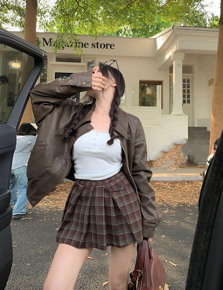 Women's High-End Retro PU Leather Coffee Jacket - Slimming, Windproof, Long Sleeve, Motorcycle Style.