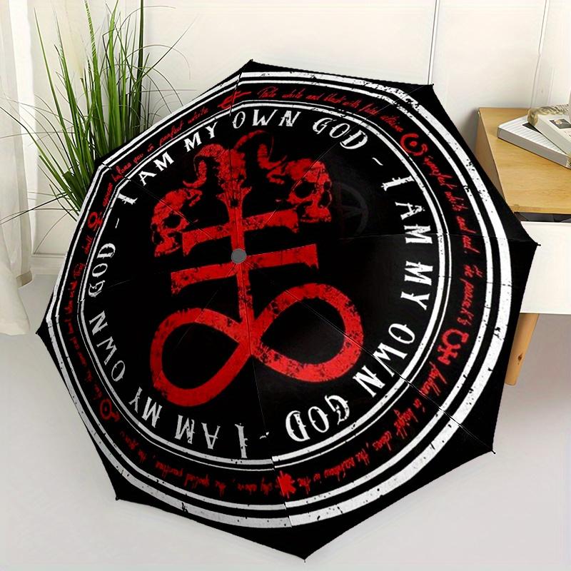 1pc Satan Automatic Folding Umbrella: Compact 8-Rib Design for Outdoor Everyday Use and Festive Gifting, Bold Emblem Graphics,