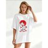 Oversize Women's Short-Sleeve T-Shirt with Red & White Maneki-neko Text and Cherry Blossom Decor Print