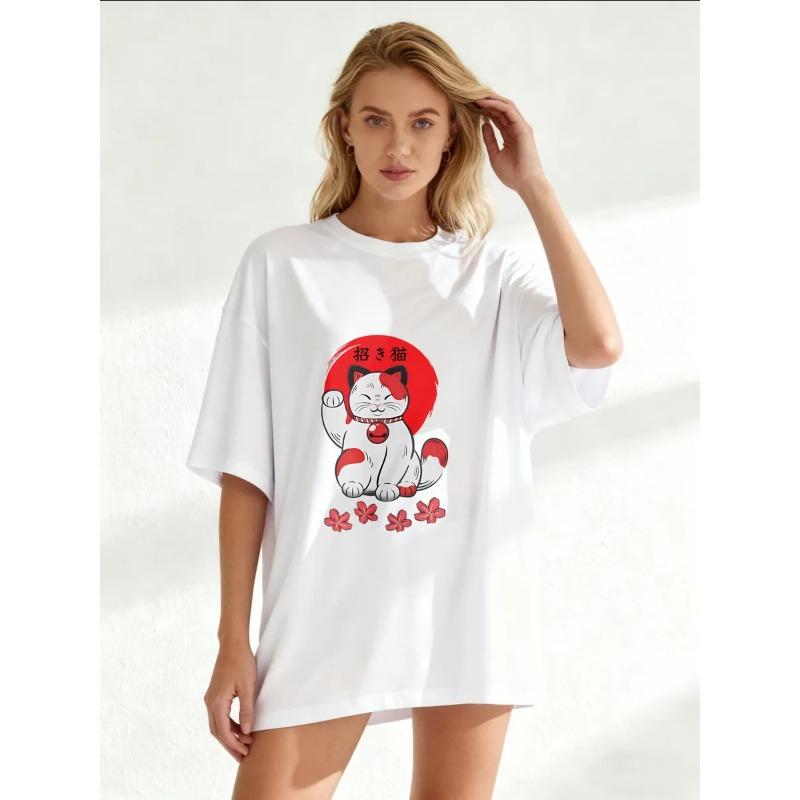Oversize Women's Short-Sleeve T-Shirt with Red & White Maneki-neko Text and Cherry Blossom Decor Print
