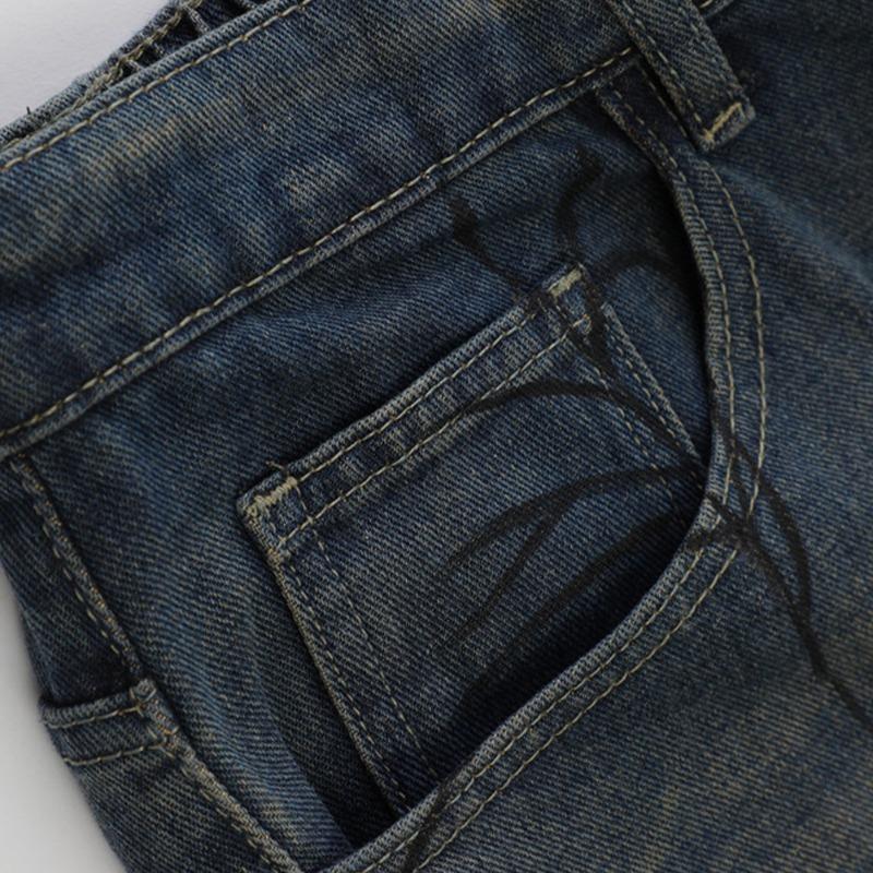 Distinctive Fashion Brand Spider Print Denim Shorts Men's Loose Casual Wash White Pants American Vintage Pants