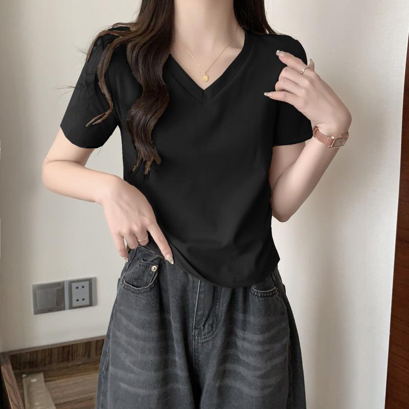 Women's Slim-Fit V-Neck Short-Sleeve Top - Elastic Waist, Round Hem, Solid Color for Summer