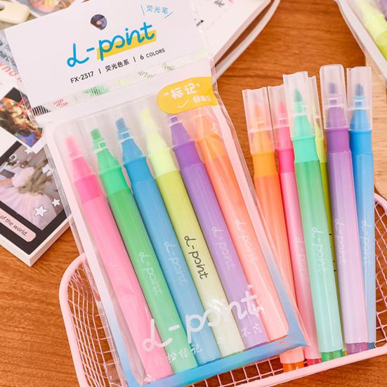 6Pcs Quick-Dry Highlighter Set Large Capacity Eye-Care Markers for Journaling Notes Dual-Tip Cute School Supplies for Kids