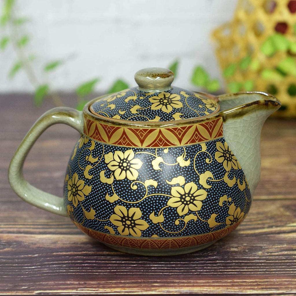 Stylish Kutani ware teapot with blue grain tessellation made in with tea strainer included design, Japan,