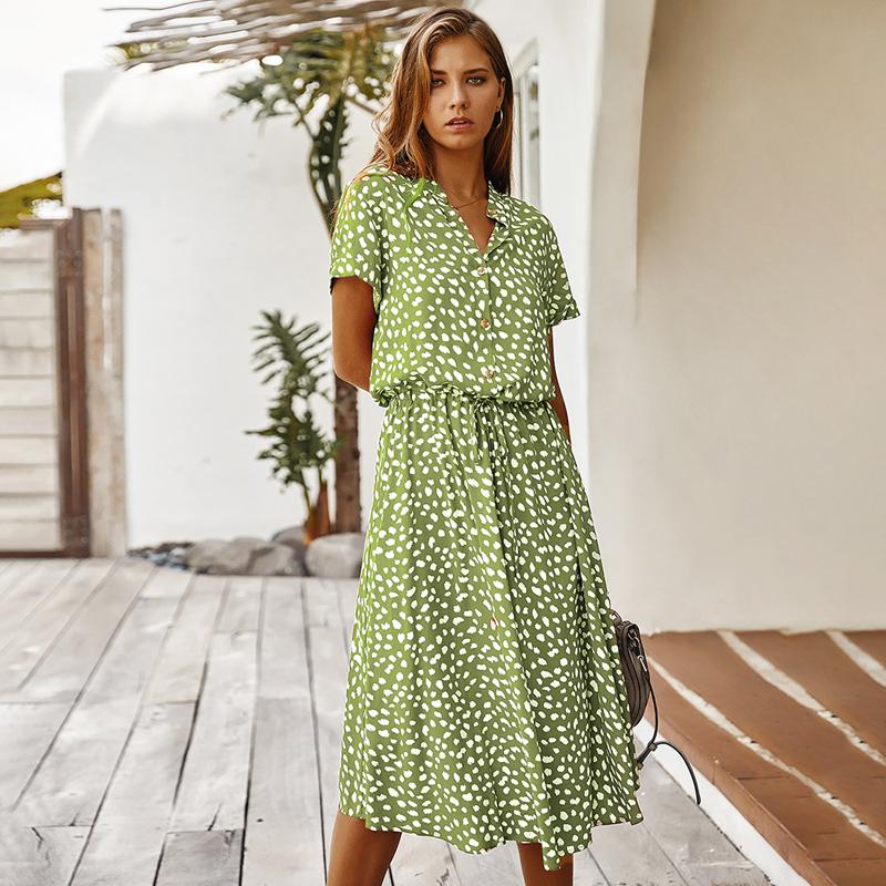 Vintage Floral Print Dress Women Short Sleeve Long Dress Turn Down Collar Casual Waistband Shirt Dresses Summer