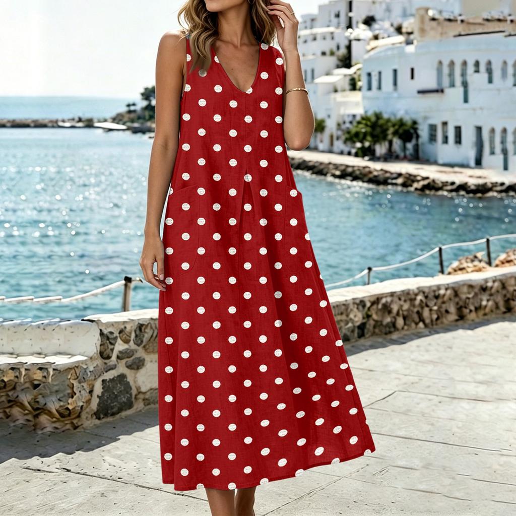 Women Sleeveless V Neck Pocket Split Hem Dress Polka Dot Print Cotton Linen Blend Casual Midi Dress