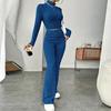 2Pcs/Set Women Solid Color Knitting Outfit Turtleneck Long Sleeve Cropped Tops High Waist Flared Pants Slim Fit Ribbed Winter Outfit