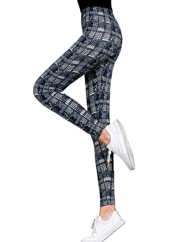 Frühling Herbst Dünne Milchseide Karierte Leggings, Dehnbare Skinny Knöchellange Hosen für Damen Außenbekleidung