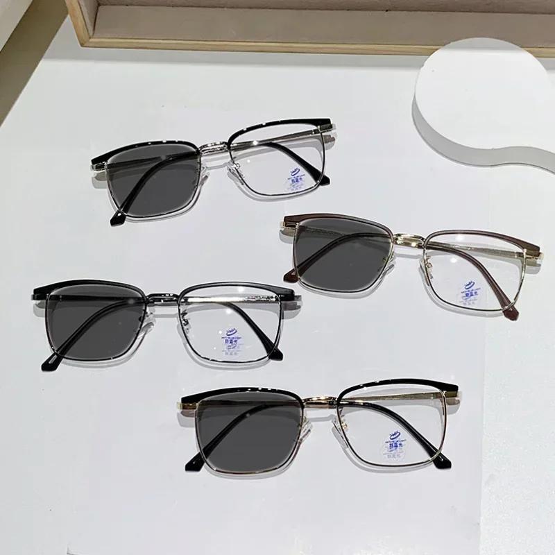Unisex Advanced Business Metal Frame Photochromic Myopia Glasses Blue Light Blocking Near Sight Eyeglasses Diopter 0 To -4.0