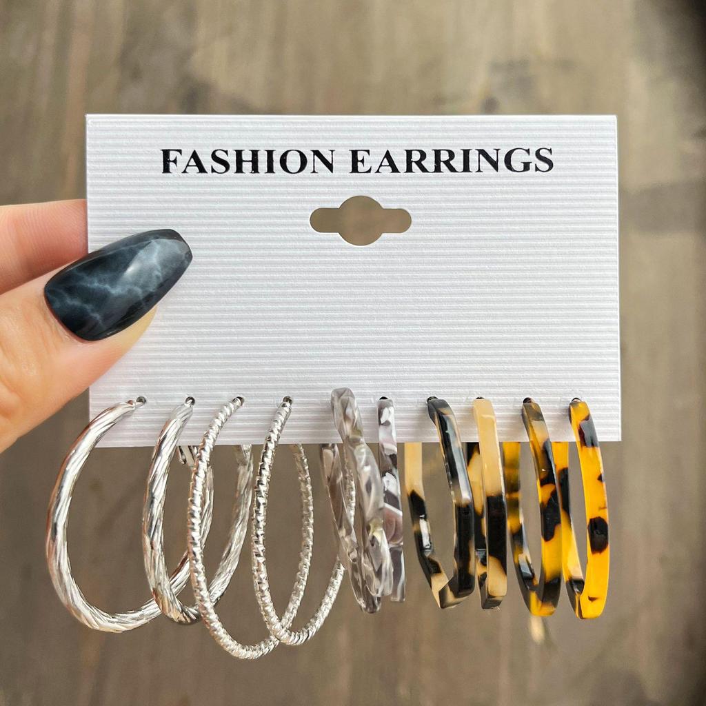 5-Pair Retro Leopard & Floral C-Shaped Earrings Set - Creative Personality Silver Hoops
