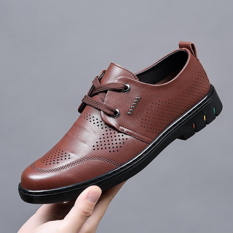 Large Size Summer Versatile Breathable Hollow Casual Men's Shoes Lace-up Low-top Men's Punched Hole Leather Sandals