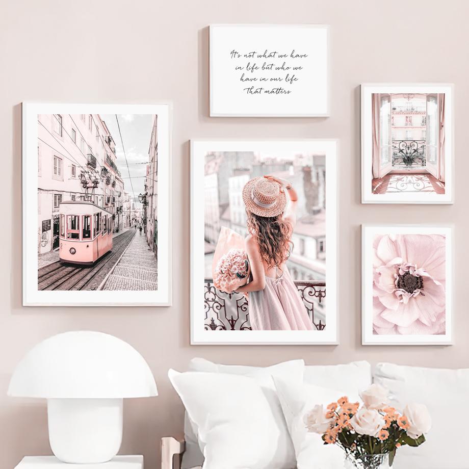 Pink Flower Rose Paris Tower Tram Balloon Wall Art Canvas Painting Nordic Posters And Prints Wall Pictures For Living Room Decor