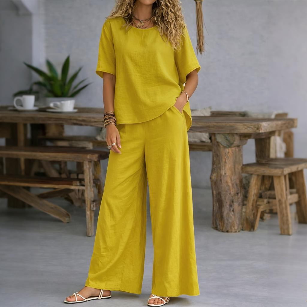 Women's Two Piece Casual Lounge Set Short Sleeve Loose Top Wide Leg Pants Lightweight Soft Fabric Comfortable Fit Summer Outfit