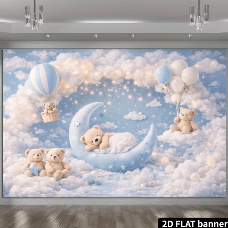 2D Cute Plush Bear Crescent Moon Cloud Photography Backdrop Banner