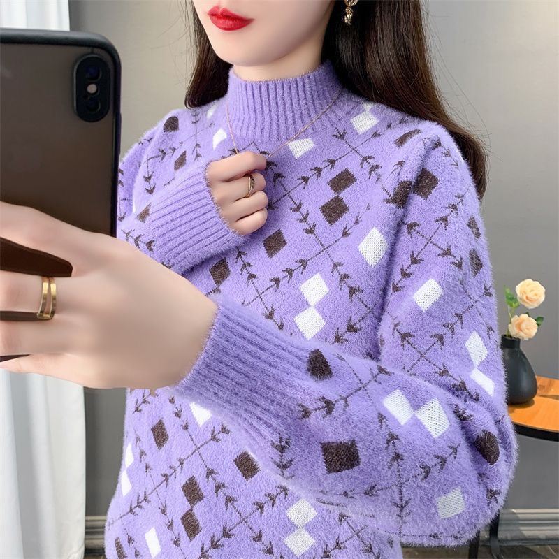 

Новый женский свитер из меха норки с полувысоким воротом, вязаный свитер с внутренним топом и пуловером M фиолетовый
