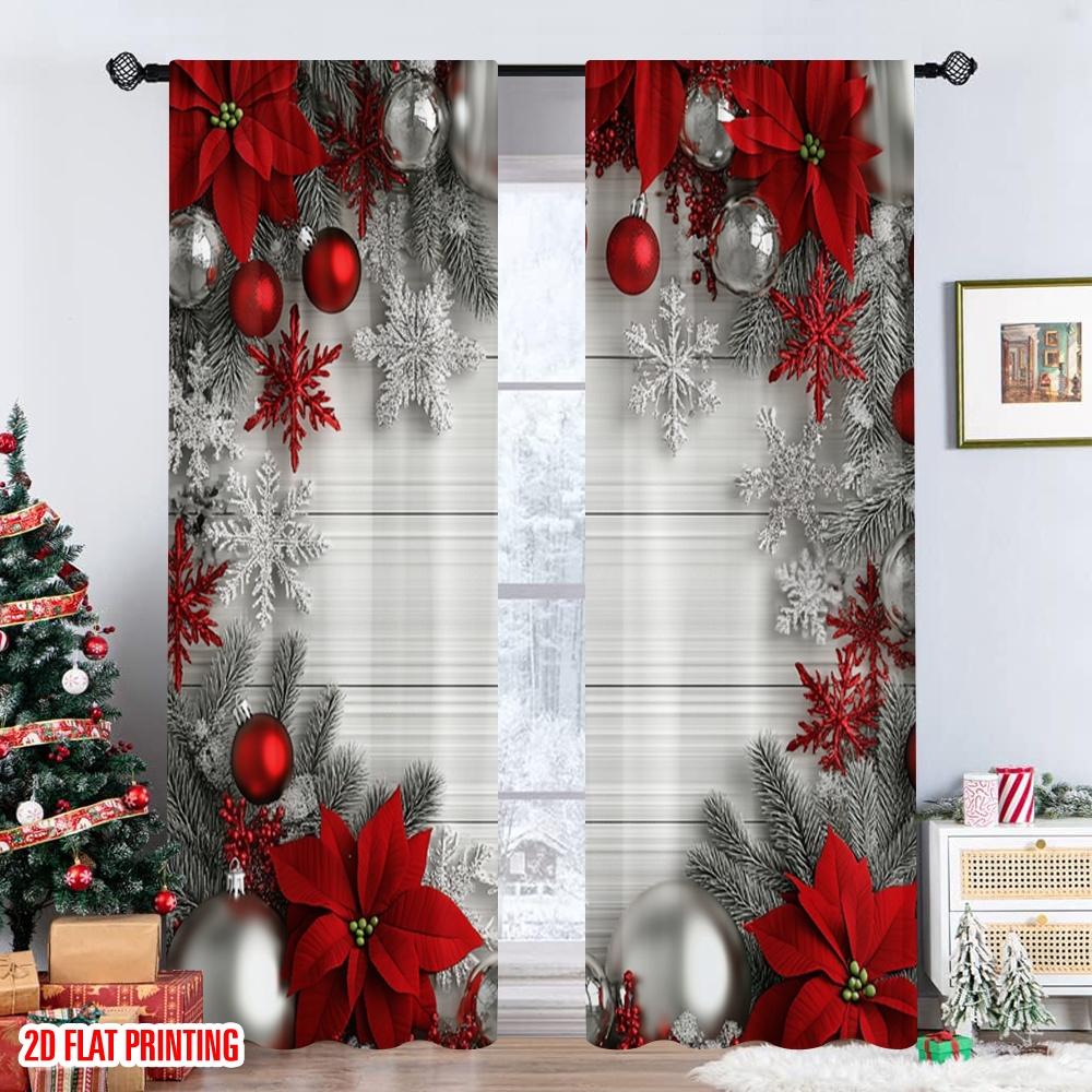 2pcs 2D flat printing Merry Christmas Window Curtains Christmas Ornaments Red Silver Snowflakes (2) Polyester Without