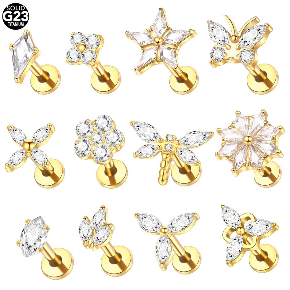 1PC G23 Titanium 16G Marquise Lotus CZ Flower Flat Back Stud Labret Tragus Helix Cartilage Conch Earring Piercings Sexy Jewelry