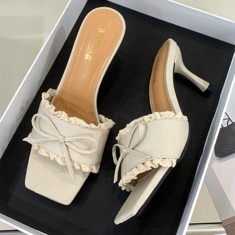 Fashion Elegant Lace Bow Decorated Brand Slipper Women Fashion Square Toe Thin Heel Slide Sandal Sweet Party Dress Shoe Zapatos De Mujer
